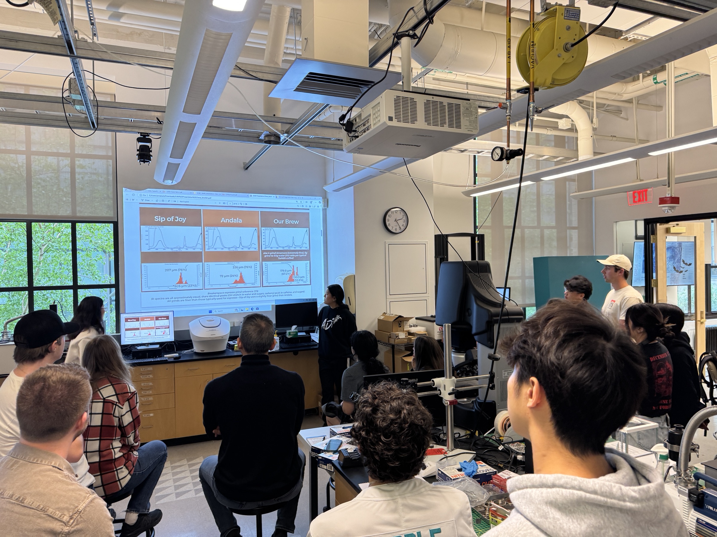 A 3.000 student presenting projected comparisons of coffee measurements to classmates gathered in the Breakerspace instrument lab.