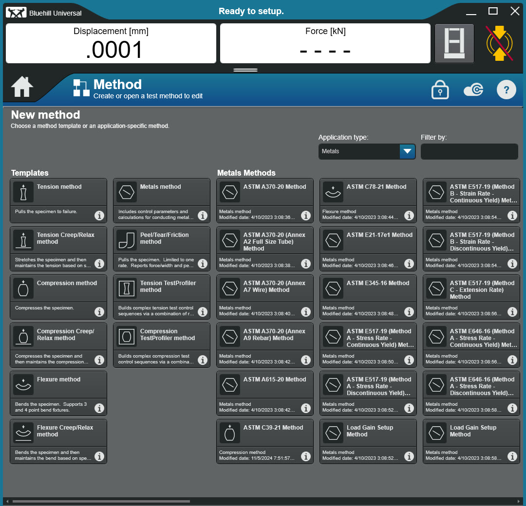Bluehill Universal Method screen showing method templates including Tension, Compression, and Flexure, alongside a filtered list of standard Metals test methods.