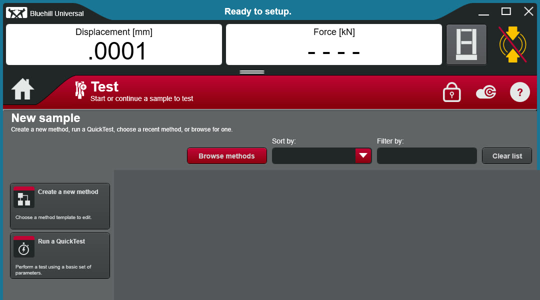 Bluehill Universal Test screen header showing the Create a new method and Run a QuickTest tiles and the Browse methods control, with the recent-methods list redacted.