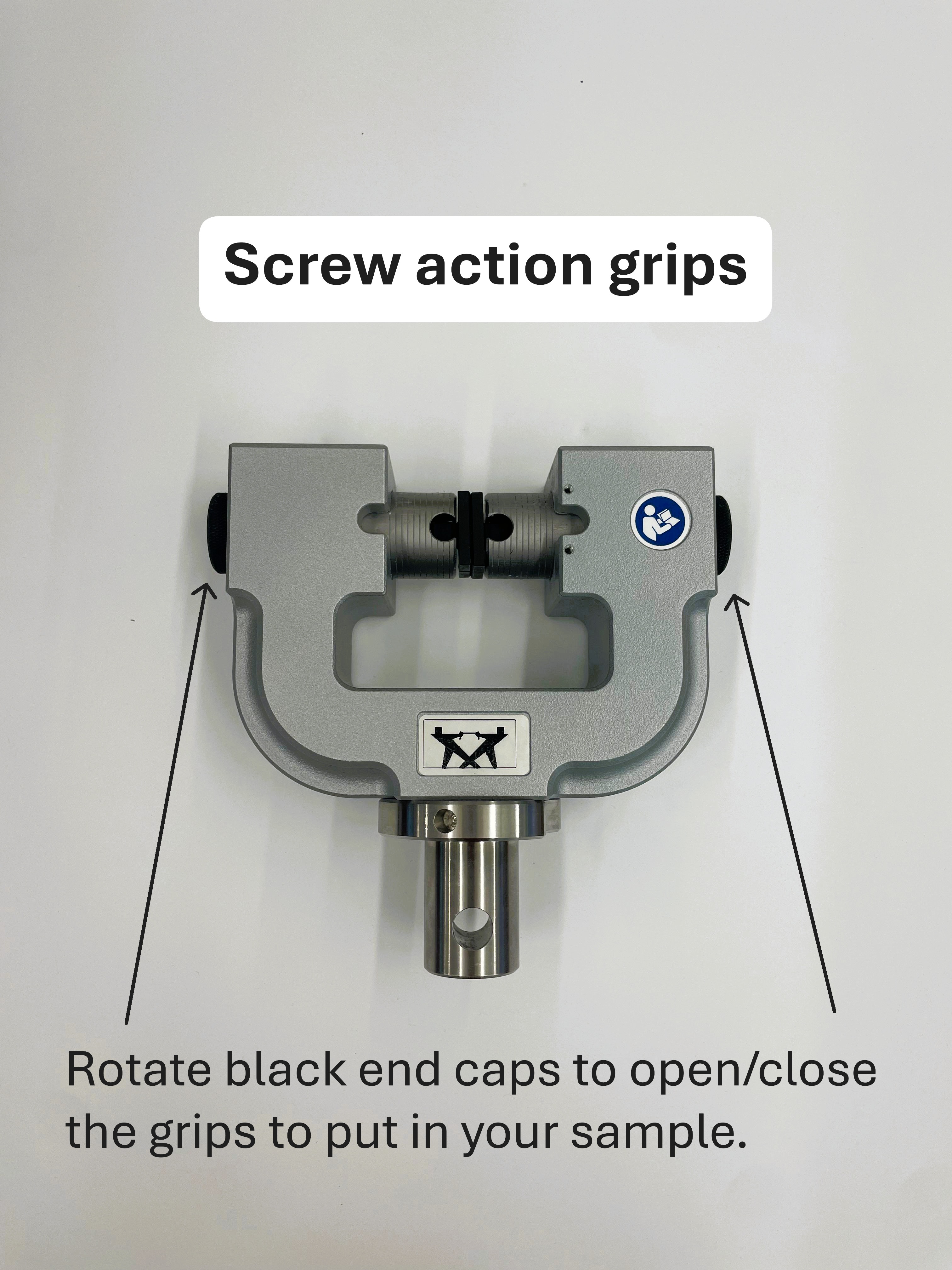 Annotated screw action grip, with arrows indicating the black end caps that rotate to open and close the jaw faces.