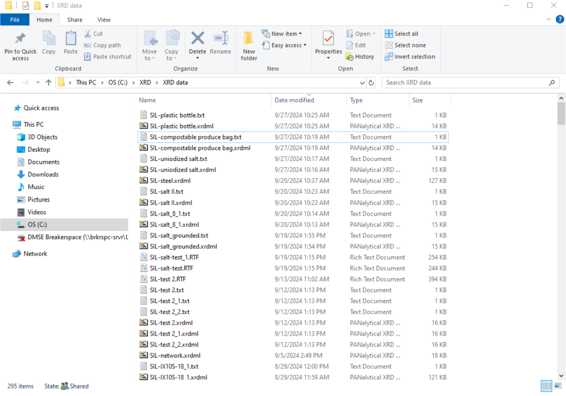 Windows Explorer showing the recommended XRD data export folder.